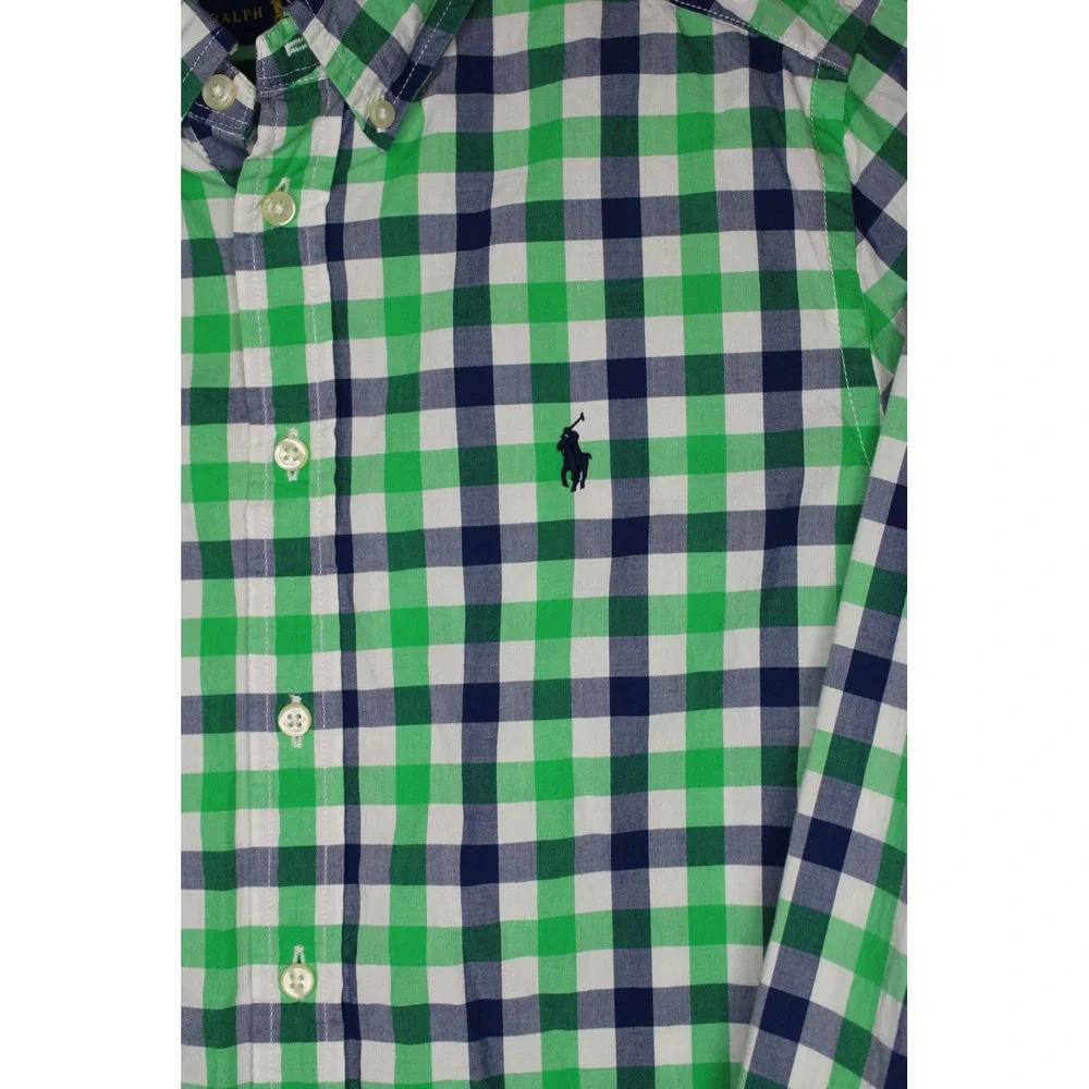 Ralph Lauren Boys‎ Gingham Button Down Shirt Green Navy Blue Size L 14-16 Cotton